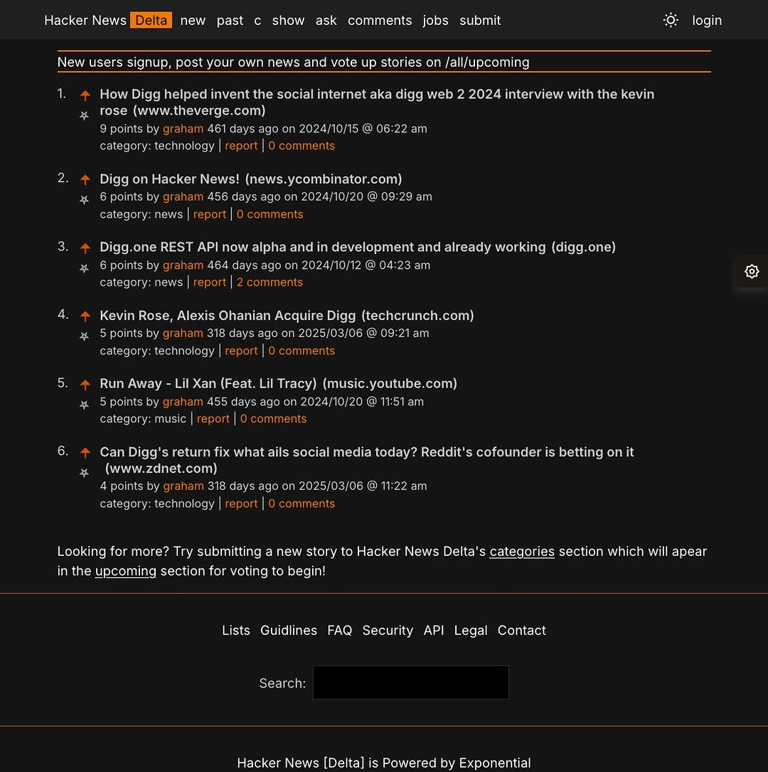My latest release of website software is HND or Hacker News [Delta]! It’s an exponential cms based platform powered by a custom design on top of the existing DiggClone engine virtually unmodified. Delta offers free user account registration for everyone. 